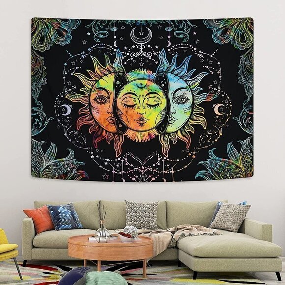 Psychedelic Burning Sun Moon Stars Tapestry Mandala Living Room Bedroom Dorm NWT - Picture 2 of 7